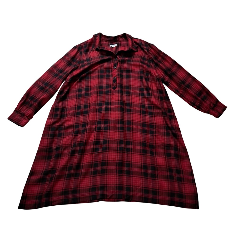 J. Jill Shirt Dress Womens XL Red Black Plaid Tencel Scarlet Knee Length Pockets